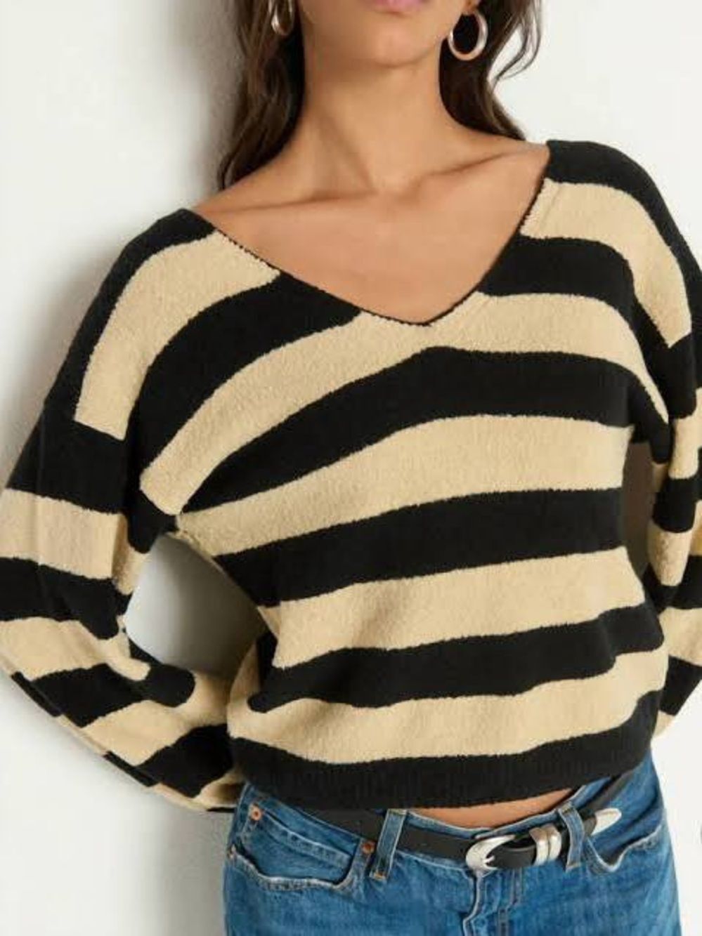 Nation LTD Black & Tan Striped Pima Cotton Velour Carmine Pullover Sweater XL